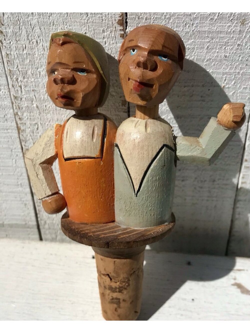 Vtg Anri Hand Carved Wooden Automation Kiss Couple Cork Bottle Stopper Kitschy